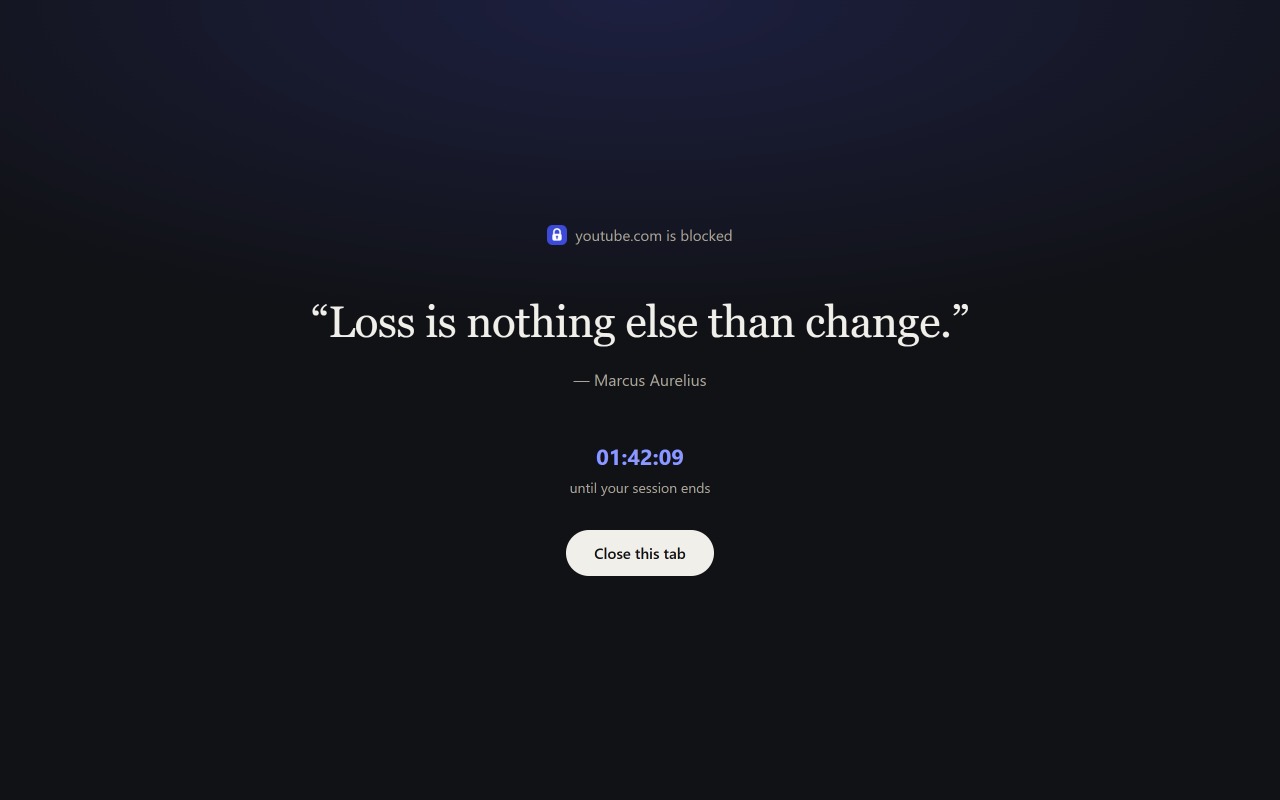 A blocked YouTube tab showing a Marcus Aurelius quote and a countdown