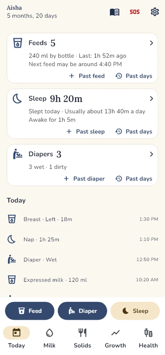 Today screen with feeds, diapers and sleep at a glance
